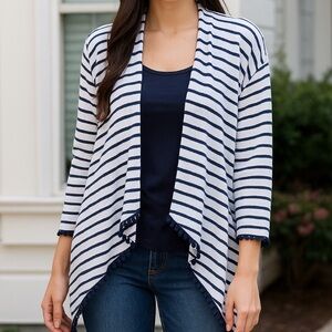 HEARTS OF PALM Coastal Cardigan White Navy Blue Striped Open Front Pom Poms XL